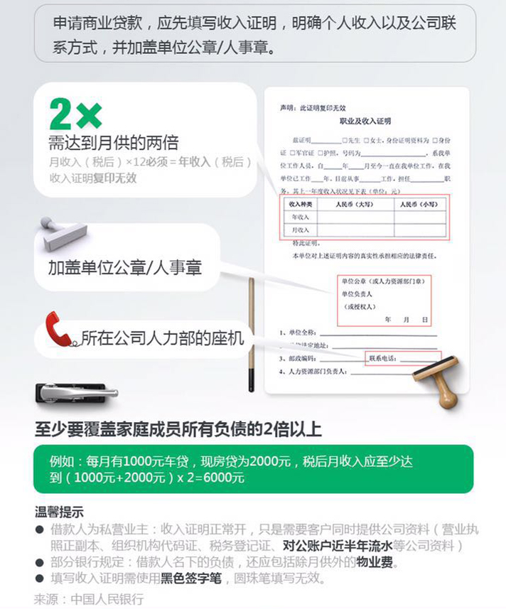 商业贷款收入证明要用黑色签字笔填写，其它颜色无效